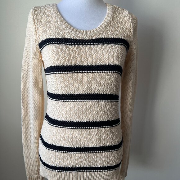 🪷CHIC by Jacob Knit Sweater Cream Black Long Sleeve Round Neck XS Fishermans - Picture 1 of 8